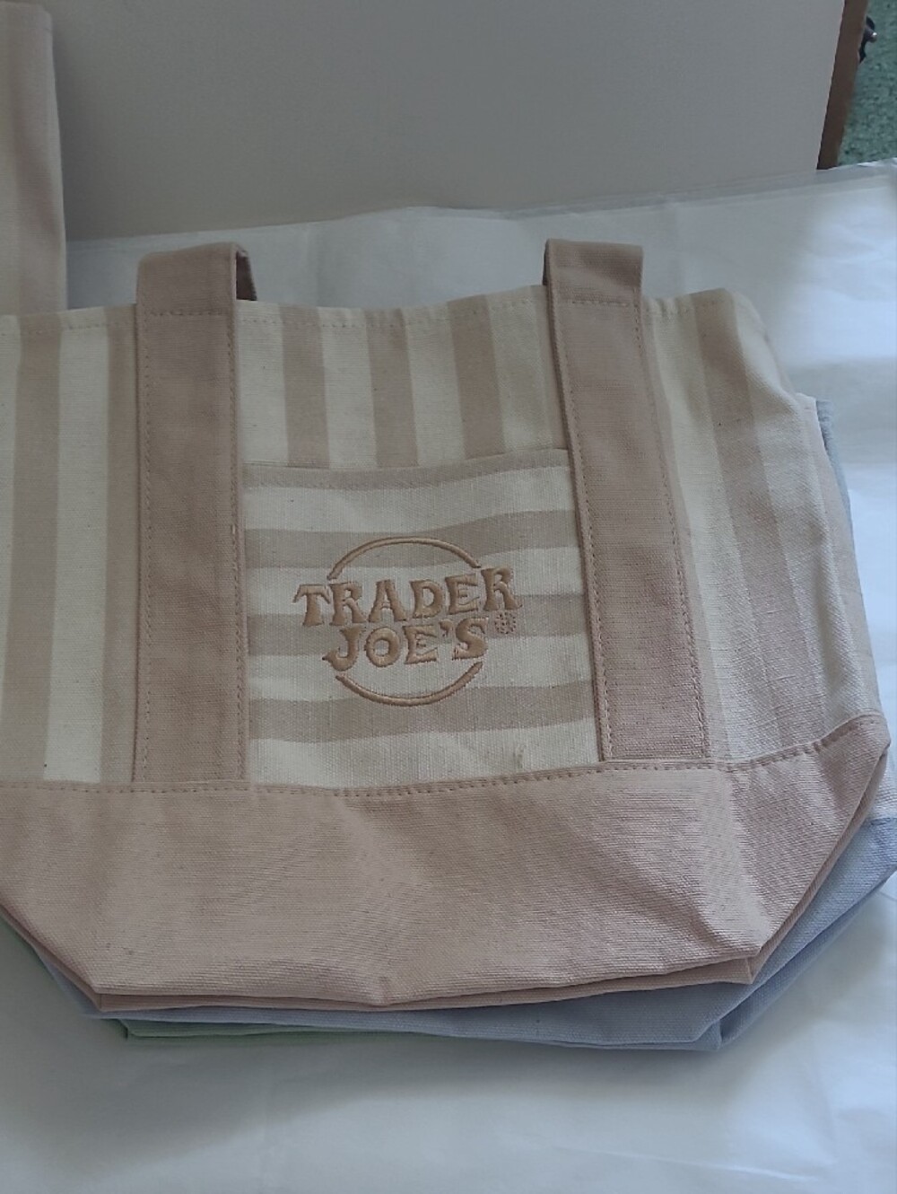Trader Joe's Pastel Striped Tote Bag - Mint, Blue, Pink, Beige 4 Pcs - Picture 4 of 8